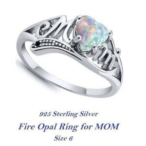 Mom 925 Sterling Silver Ring sz 6 with Heart Shaped Fire Opal Love Mother Family